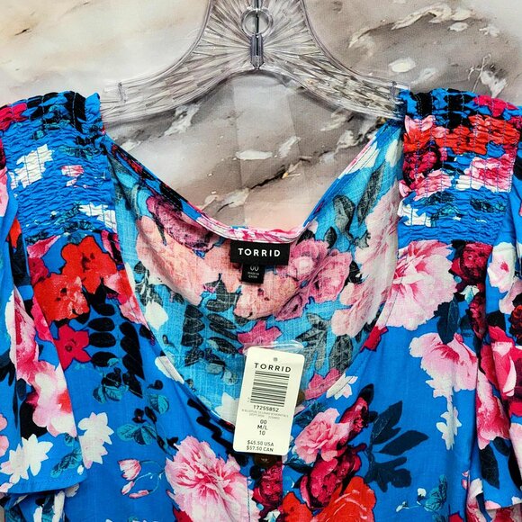Torrid Women's M/L (10) Floral Blue Pink Button Front Flutter Sleeve Blouse Top - Picture 2 of 7